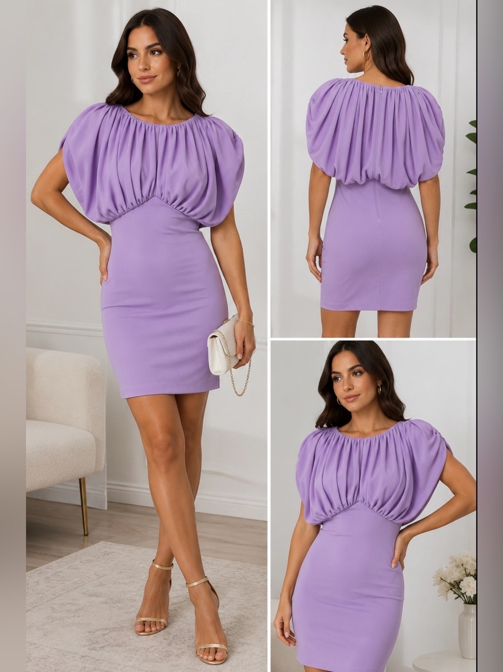 Ronny Kobo Lavender Ruched Puff Sleeve Bodycon Dress Size Small